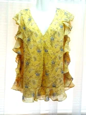NEW WOMEN'S MAX STUDIO YELLOW FLORAL SLEEVELESS RUFFLED CHIFFON TOP SIZE L $78