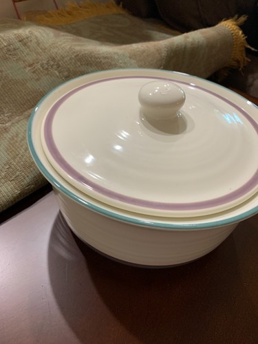 Pfaltzgraff Covered Casserole Baking Dish JUNIPER Cream with Mauve & Teal Bands - Picture 11 of 11
