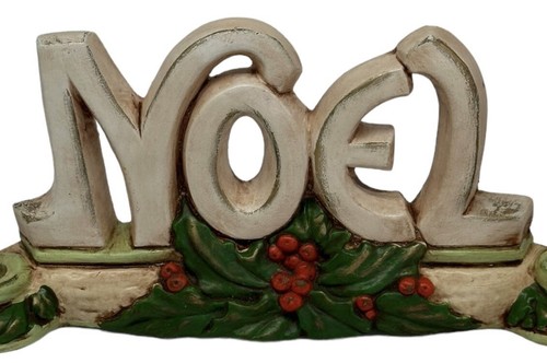 Retro NOEL Chalkware Christmas Candle Holder Beige Red Green Holly and Berries - Picture 3 of 13