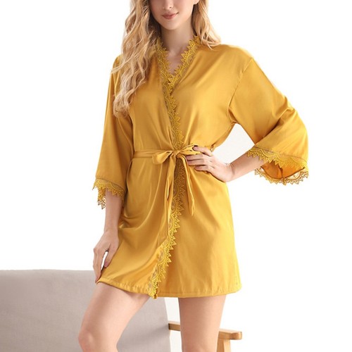 Pigiama da notte donna con orlo in pizzo floreale e lacci e cintura tinta unita loungewear - Foto 21 di 22