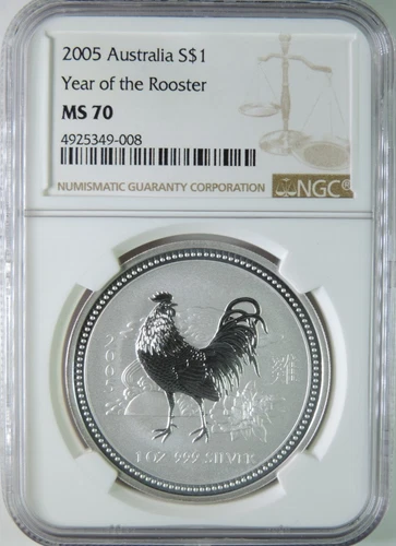 2005 Australia Lunar Year of the Rooster 1oz .999 Silver $1 Coin NGC MS70