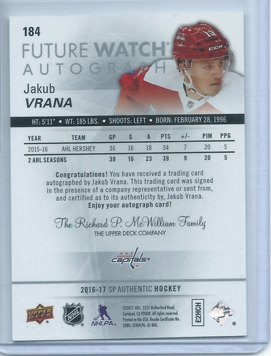 Jakub Vrana Future Watch Auto /999 2016-17 SP Authentic Hockey - Picture 2 of 2