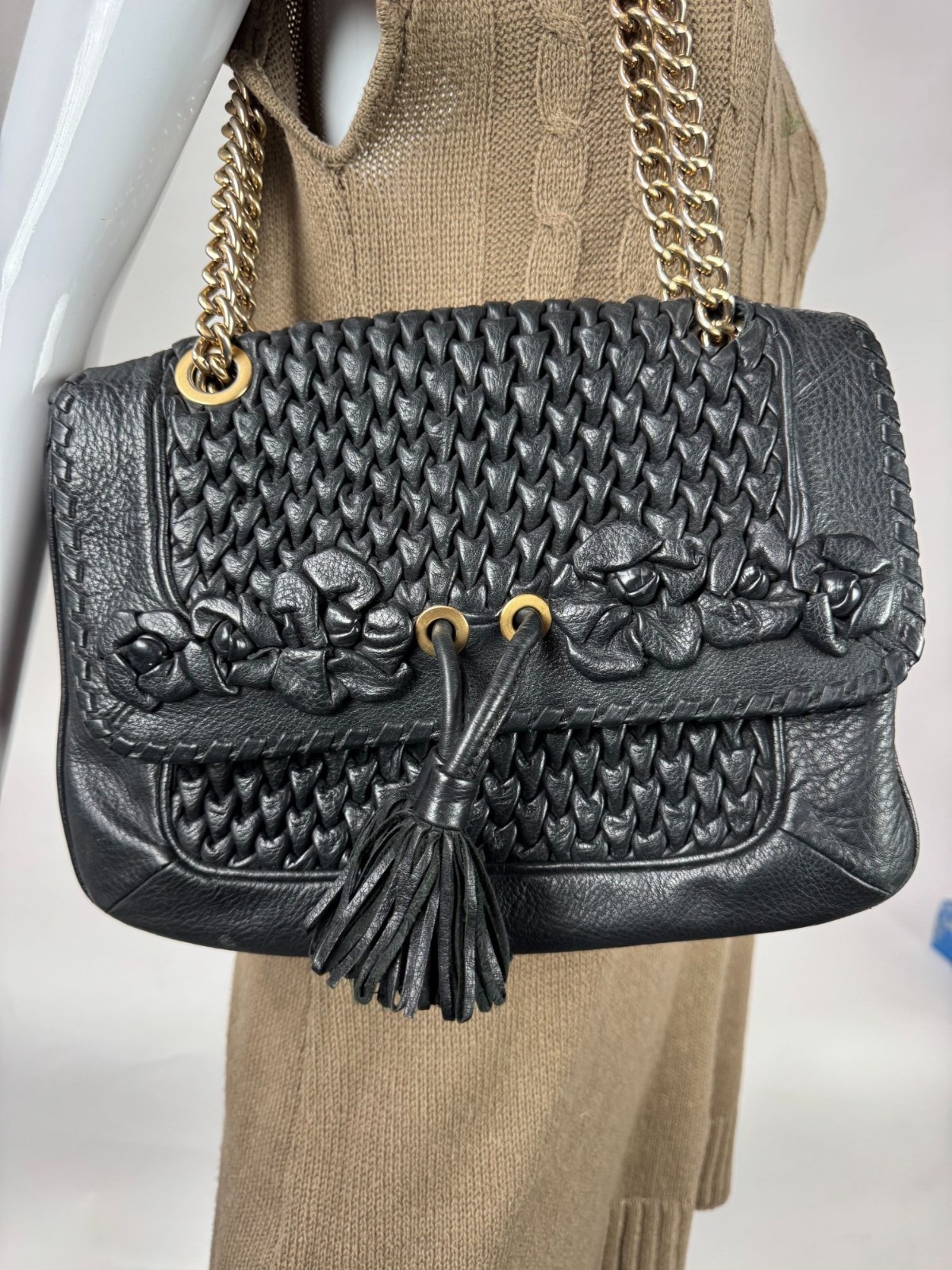 Isabella Fiore Black Leather Woven Floral Tassel Shoulder Bag With Gold Chain St