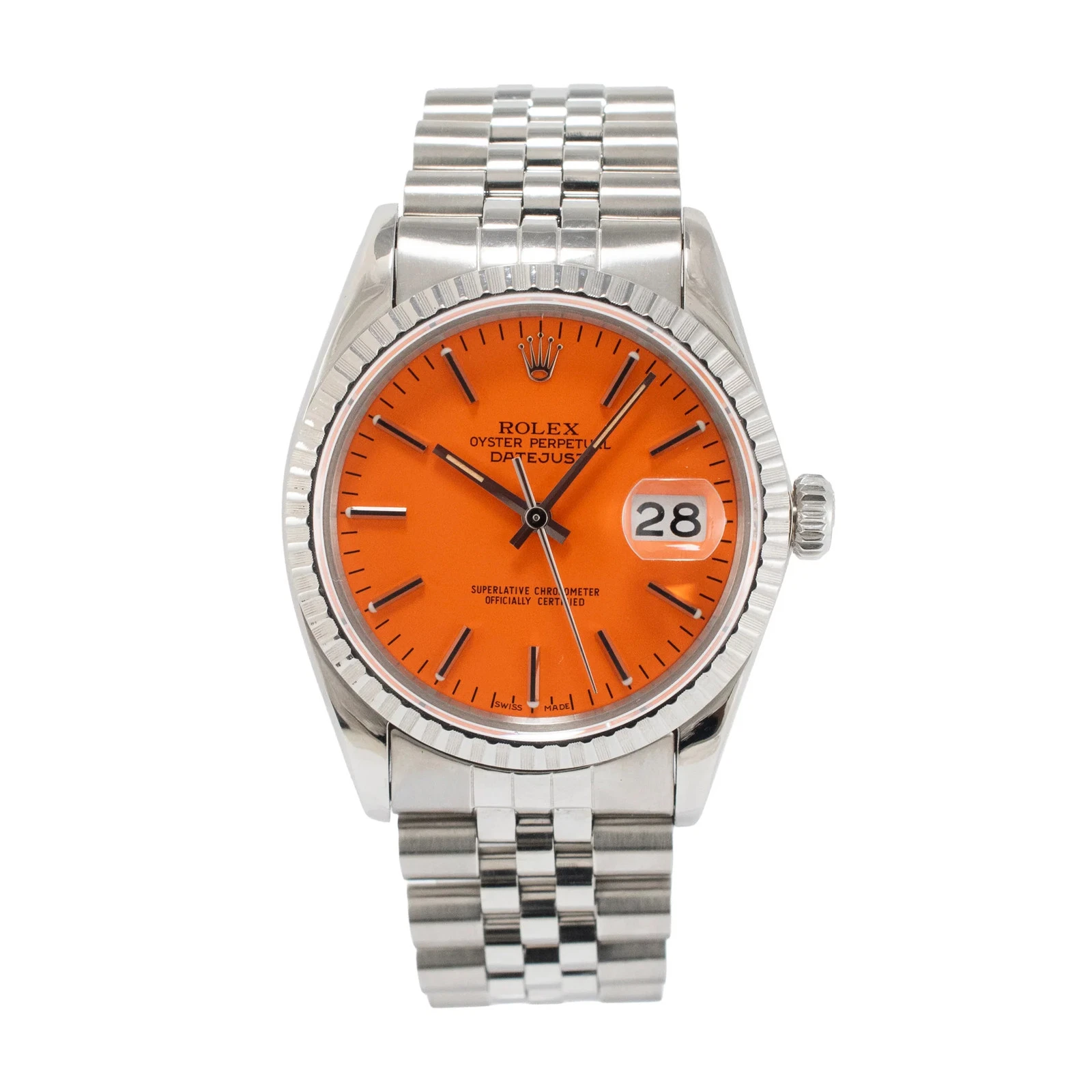Rolex — Rolex Datejust 36MM 16030 Fluted Jubilee Orange Dial Stainless Steel Watch