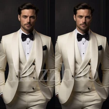 Cream Satin Men Suit Shawl Lapel Evening Party Formal Wear Wedding Groom Tuxedo
