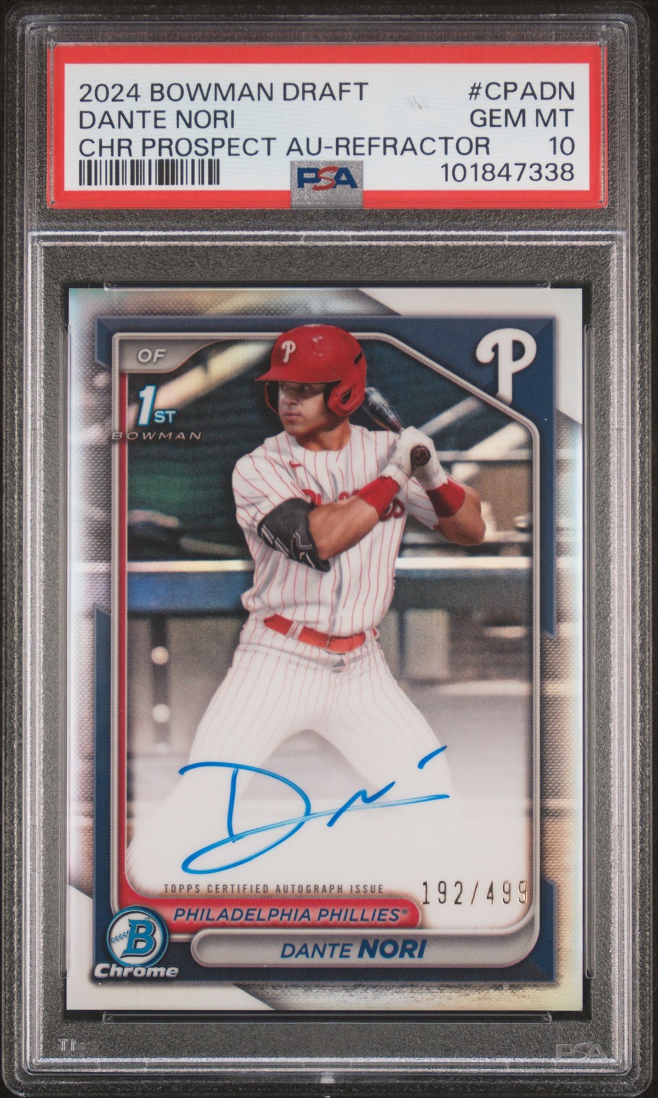 Dante Nori AUTO #/499 2024 1st Bowman Draft Chrome Prospect Refractor PSA 10