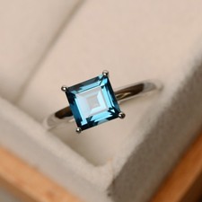 2CT Blue Topaz 925 Silver Plated Minimal Solitaire Ring Birthday Gift