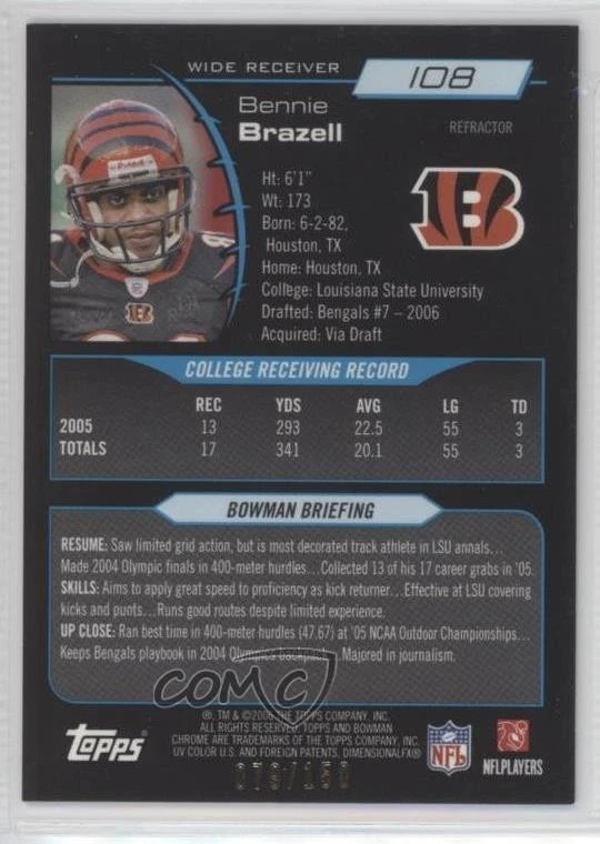 2006 Bowman Chrome Blue Refractor /150 Bennie Brazell #108 Rookie RC - Image 2 of 2