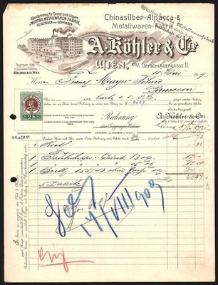 Invoice Vienna 1909, A. Köhler & Cie., Chinese Silver, Alpacca & Metalware Colour 