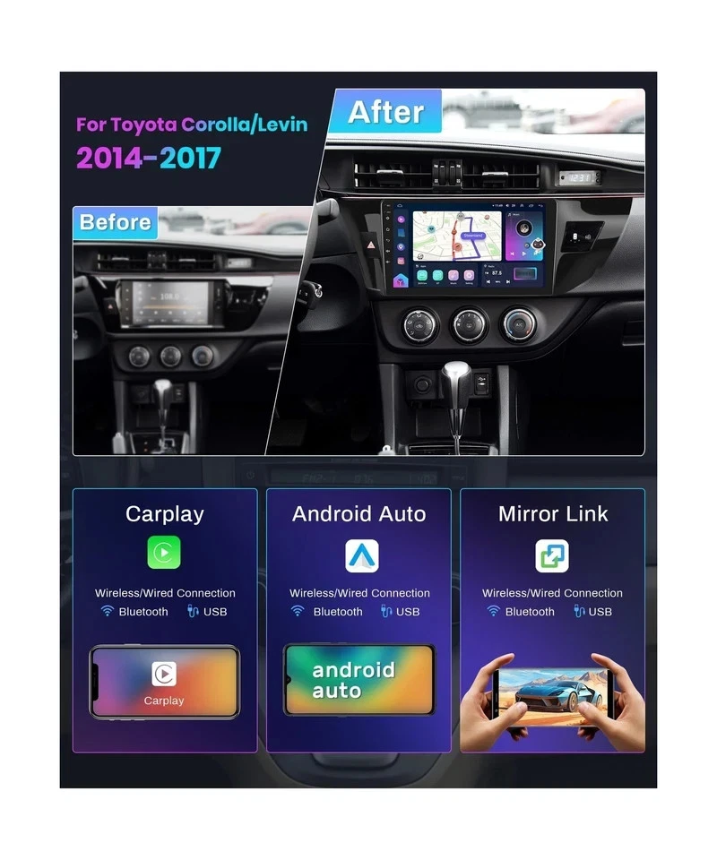8 ocres 8G+128G para Toyota Corolla/Levin 2014-2017 Android estéreo de auto 10,1 pulgadas. Foto 2 de 4