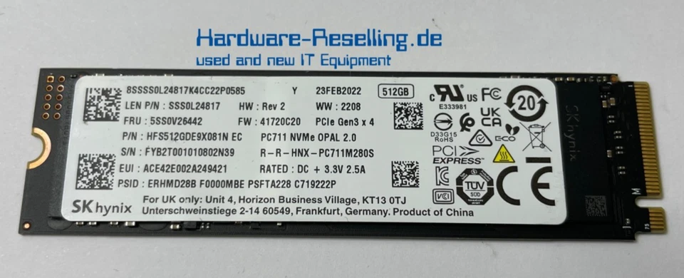 Lenovo SK Hynix 512GB SSD M.2 2280 PCIe NVMe 3 x4 HFS512GDE9X081N SSS0L24817 - Bild 1 von 1