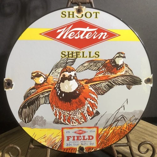 VINTAGE WESTERN FIELD SHOT SHELLS 10” PORCELAIN AMMUNITION SHOTGUN SIGN