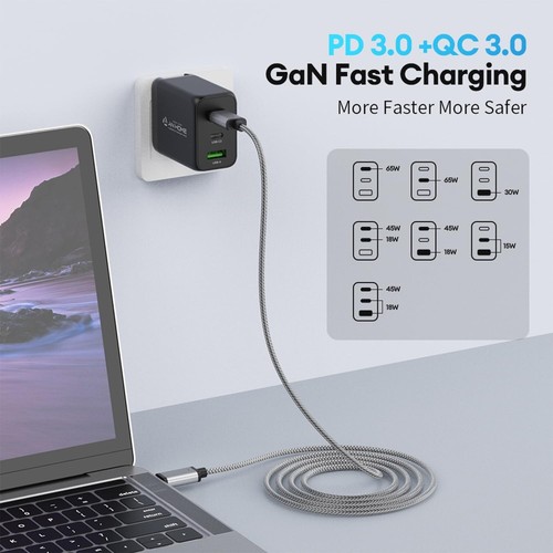 AnHome 65W USB C Gan Fast Wall Charger Block, 3 Ports Foldable Plug Type C 65 W - Picture 5 of 6