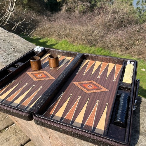 Vintage Backgammon Set Crocodile Leather X Large Board Game 19" - Gift Idea - Picture 2 of 10