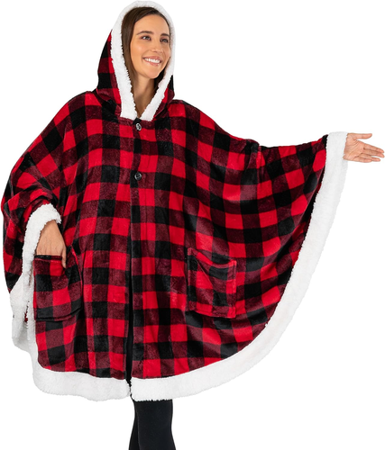 Cozy Women's Wearable Blanket Poncho Cape with Hood in Buffalo Plaid