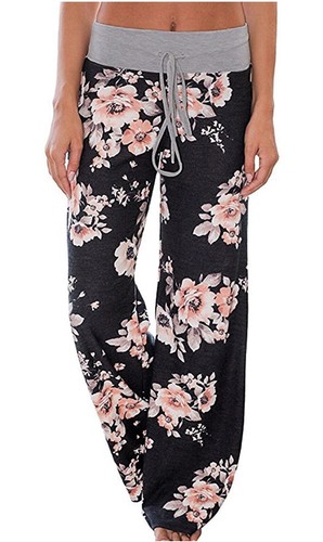 NEWCOSPLAY Women's Comfy Floral Print High Waist Drawstring Palazzo PANTS SMALL - 第 1/4 張圖片