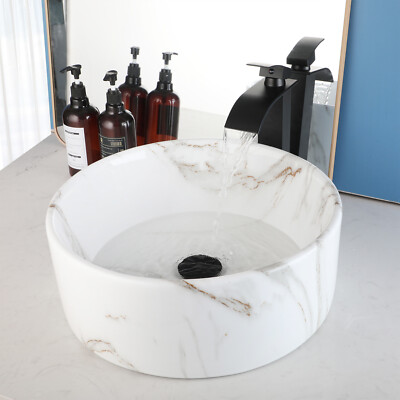 White Marble Bathroom Vessel Sinks Round Ceramic Basin Bowl Black Faucet Drain