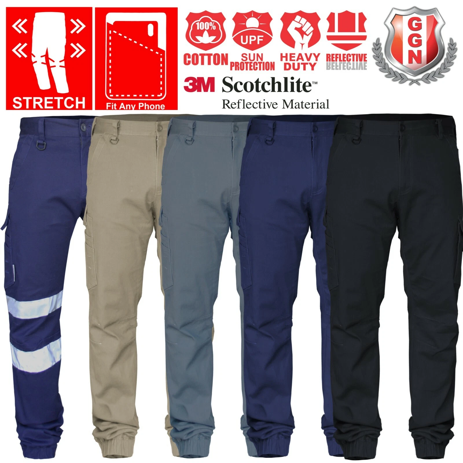 Mens Cargo Pants Work Elastic Cuffed Stretch Cotton Combat Wear 3M Tape UPF 50+
Opens in a new windo