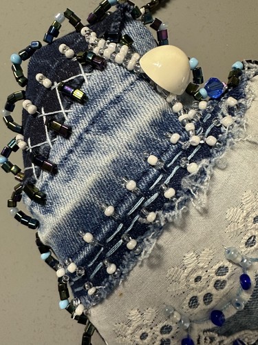 Denim Hanging HEART with TASSEL beaded, lace, handmade, recycled, valentine - Picture 2 of 5