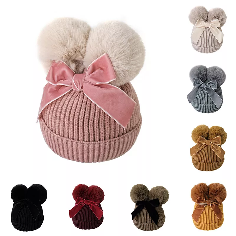 Double Fur Pom Pom Baby Winter Hat for Girls Bows Warm Baby Beanie Kids Cap 1 3Y