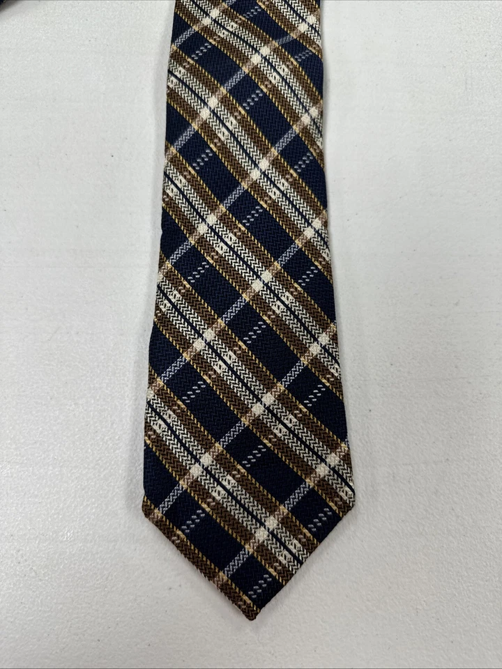 Black Brown 1826 Men's Navy Blue Dark Brown Plaid Pattern Silk Tie $138 - Image 2 of 4