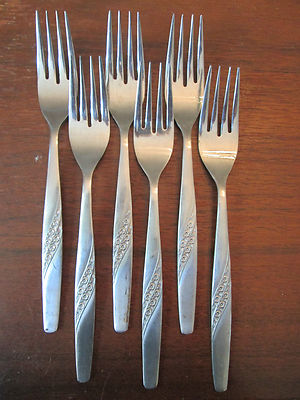 SET of 6 DINNER FORKS! Vintage stainless flatware: JAPAN: FLORAL