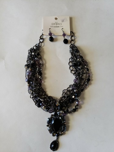 Davinci Necklace & Earrings, Black, Violet, Chain & Beaded Set.