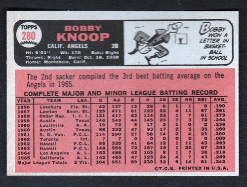 1966 Topps #280 Bobby Knoop (ex-mt) - Picture 2 of 2