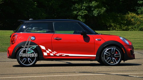 MINI COOPER S SIDE SKIRT CHECKERED FLAG STRIPES VINYL DECALS STICKERS CHEQUERED - Picture 2 of 7