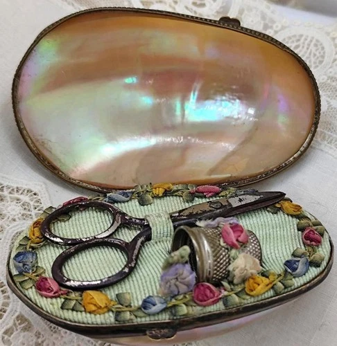 ANTIQUE VICTORIAN MOTHER OF PEARL,EGG BOX, ROMANTIC,PIN CUSHION AND SEWING SET