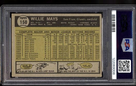1961 Topps - San Francisco Giants Willie Mays #150 HOF PSA 2 NICE CARD view 2