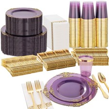 Nervure 350PCS Purple Plastic Plates - Purple Plastic Dinnerware Sets for 50 ...
