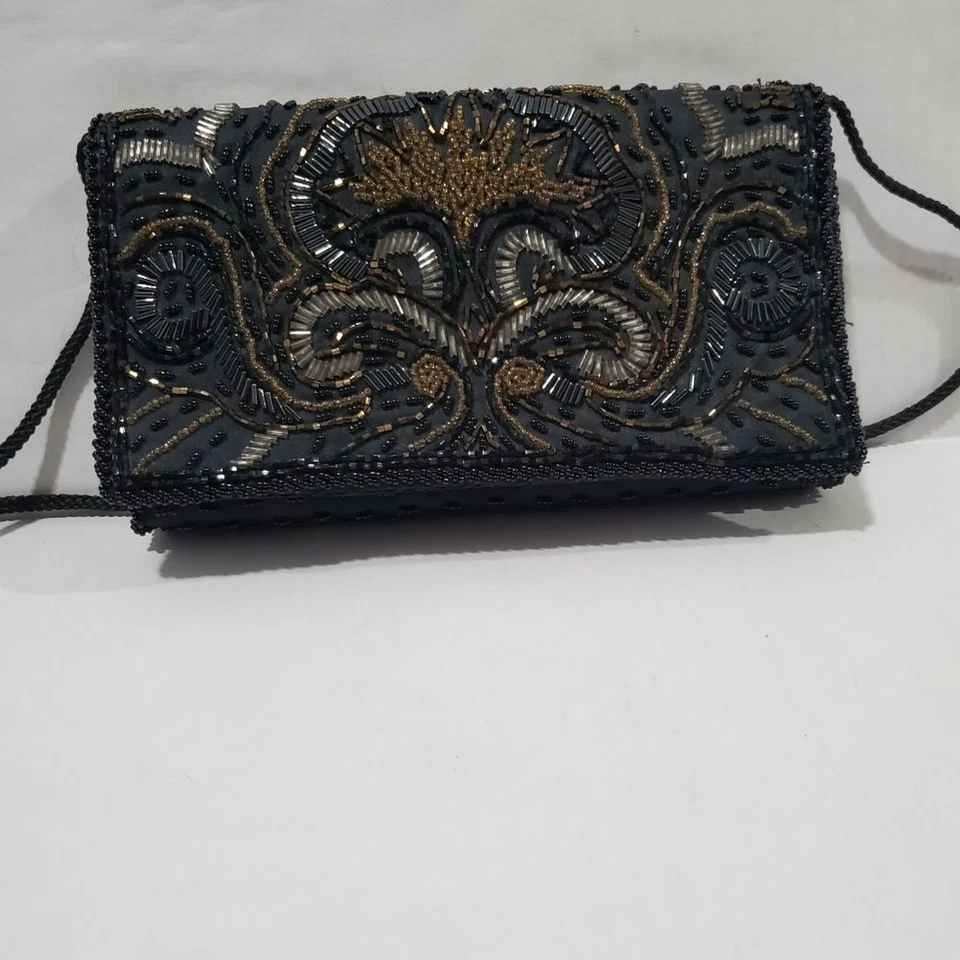 Elegante Bolso de Hombro Vintage La Regale Negro y Dorado Bronce Cuentas Foto 4 de 4