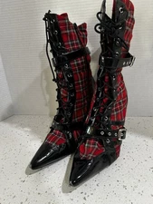 Funtasma Daring 3.75" Heel Buckle Red Plaid Punk Ankle Boots 9-10