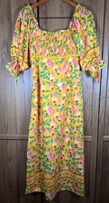 FARM Rio Cashew Maxi Square Neck Puff Sleeve Dress Yellow Floral Smocked Size XS