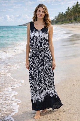 Kiara S Black White Paisley Maxi Dress Sleeveless Beach Vacation