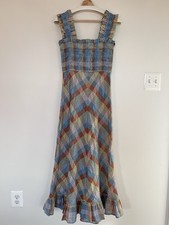 Ganni Nap Dress, Plaid Print, Long Dress, Cotton, Blue, Orange & Yellow