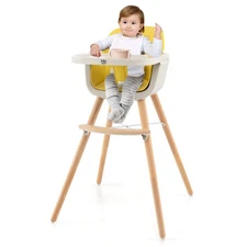 Costway 3 in 1 Convertible Wooden High Chair Baby Toddler w/ Cushion Yellow