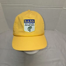 Vtg B.A.S.S. Patch Hat AdjSnap Rope Yellow Euc KC Bass Anglers Sportsman Society