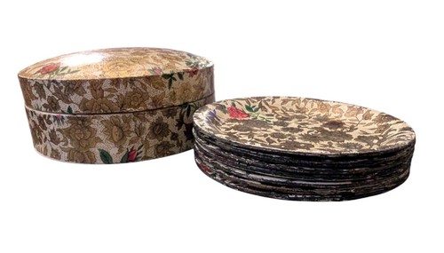 Vintage Viking Boxed Coaster Set Gold & Roses Hollywood Regency MCM Japan  - Afbeelding 2 van 23