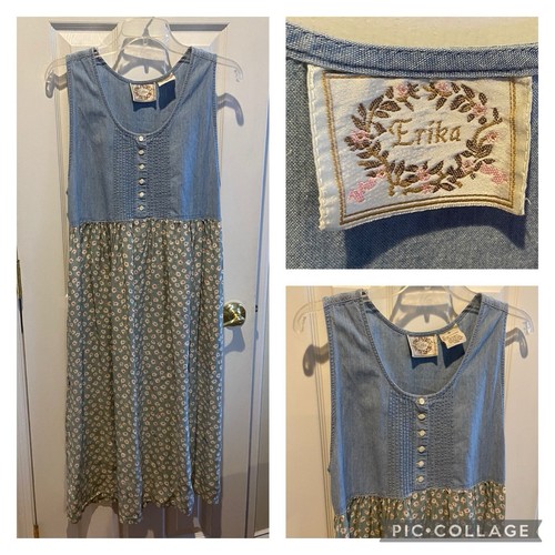 Vintage 90s Cottage Core Dress Erika Denim Floral Womens Prairie School Teacher