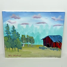 Oil on Canvas Painting Signed Student Art 16 x 20 Red Barn Lightly Wooded Sky
