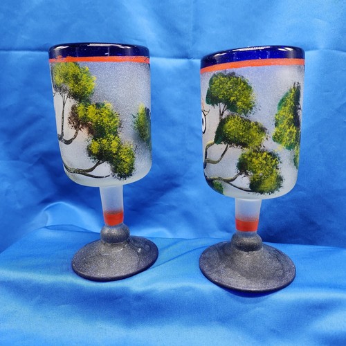 2 Mexican Hand Blown / Painted Wine Glass Cobalt Blue Owl Tree Art Water Goblet - Picture 8 of 11