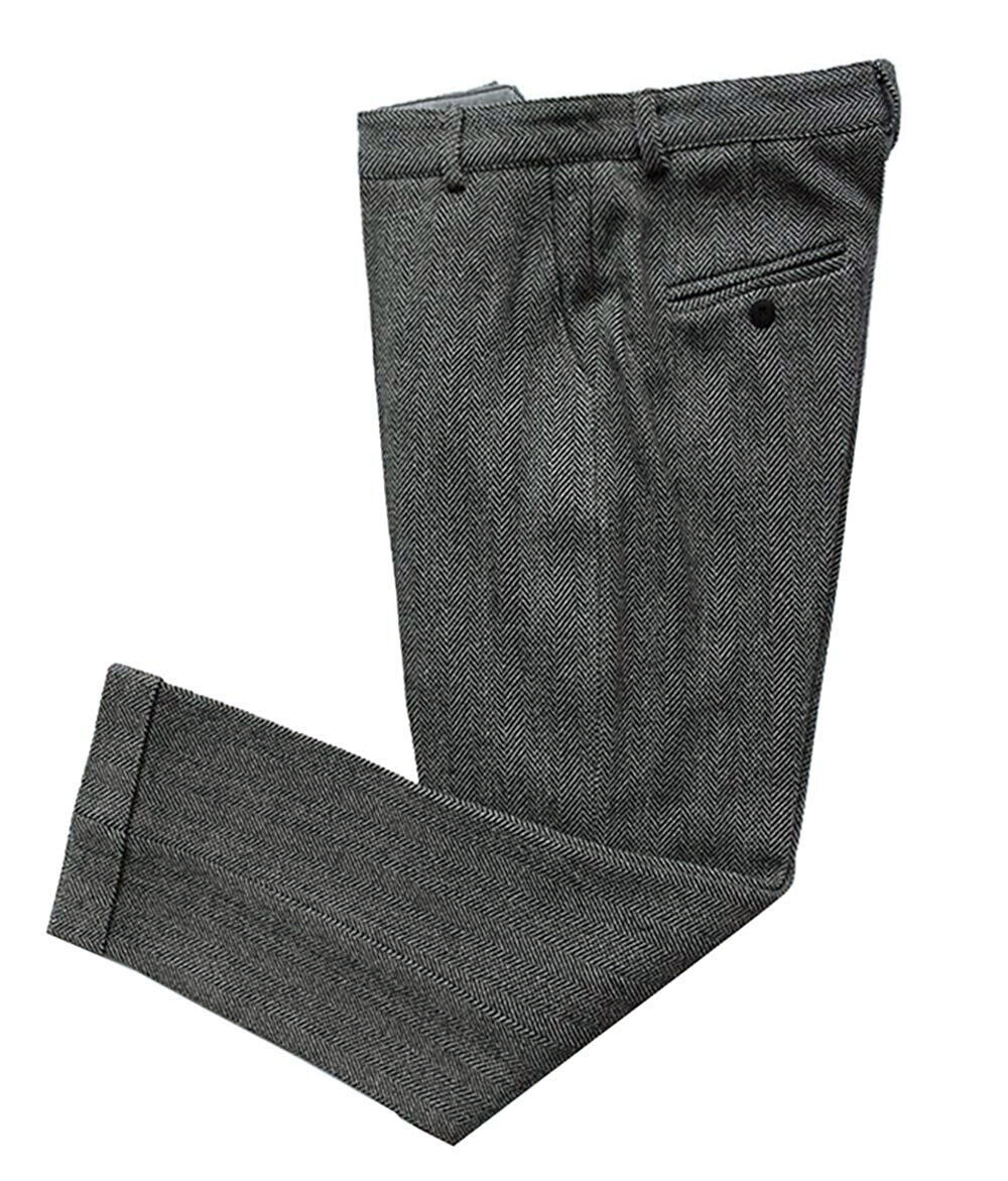 Mens Tweed Suit Pants Vintage Wool Herringbone Adjustable