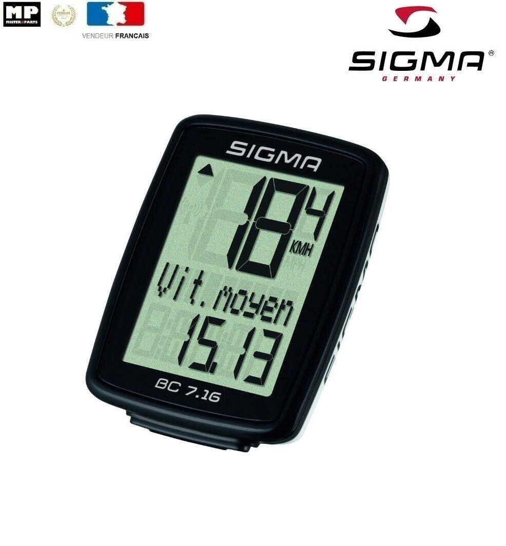 Compteur Sigma BC 7.16 filaire noir à 7 fonctions pour vélo et scooter