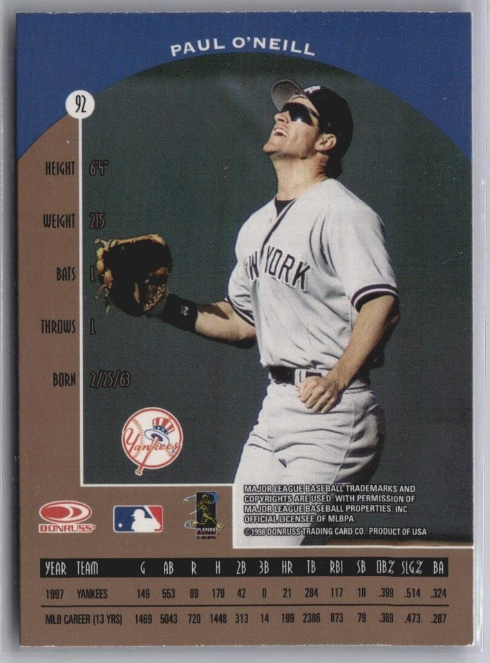 1998 (YANKEES) Donruss Preferred #92 Paul O'Neill - Image 2 of 2
