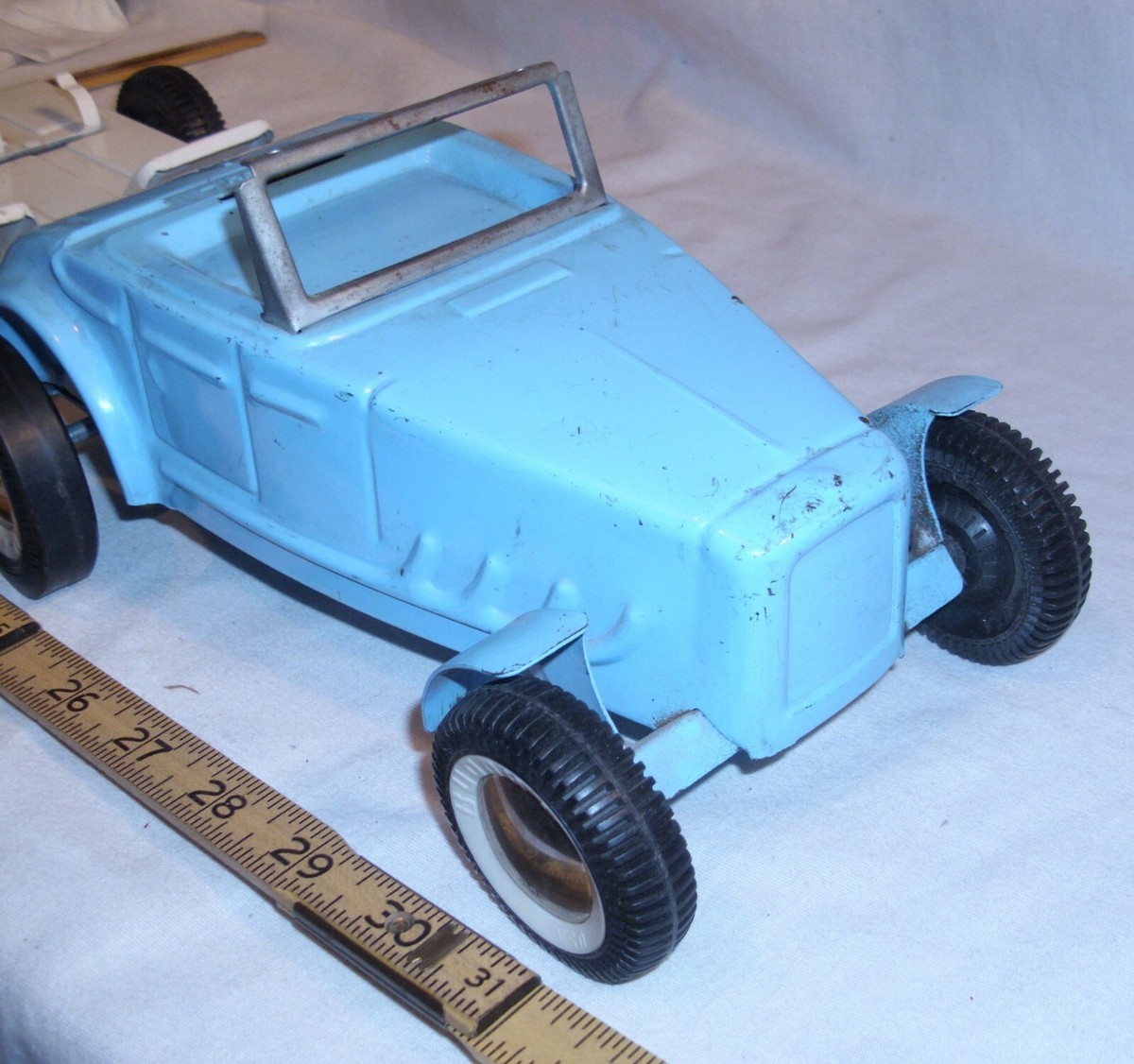 BUDDY L FORD HOT ROD COUPE IN BLUE WITH MOTORCYCLE TRAILER STEEL