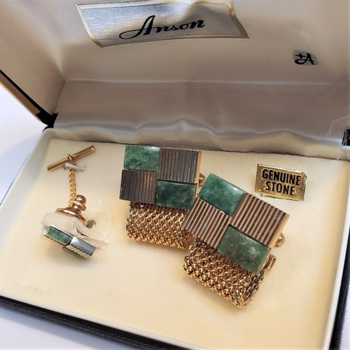 Juego de Corbatas de Jade Genuino Anson de Colección - Eslabones de Puño en Tono Dorado - Imagen 5 de 7
