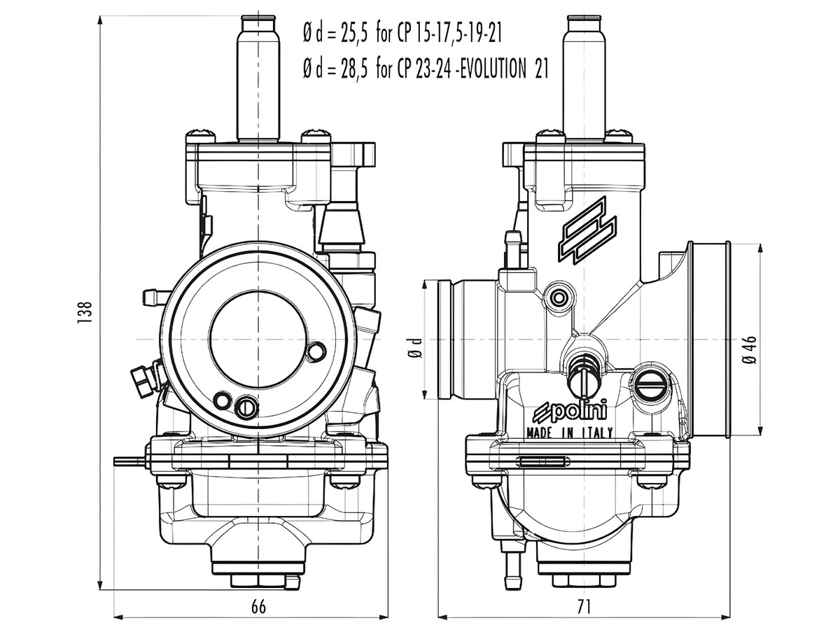 POLINI CP 19mm Vergaser Mit Adapter - Für Rex Roller & Yamaha Aerox 50