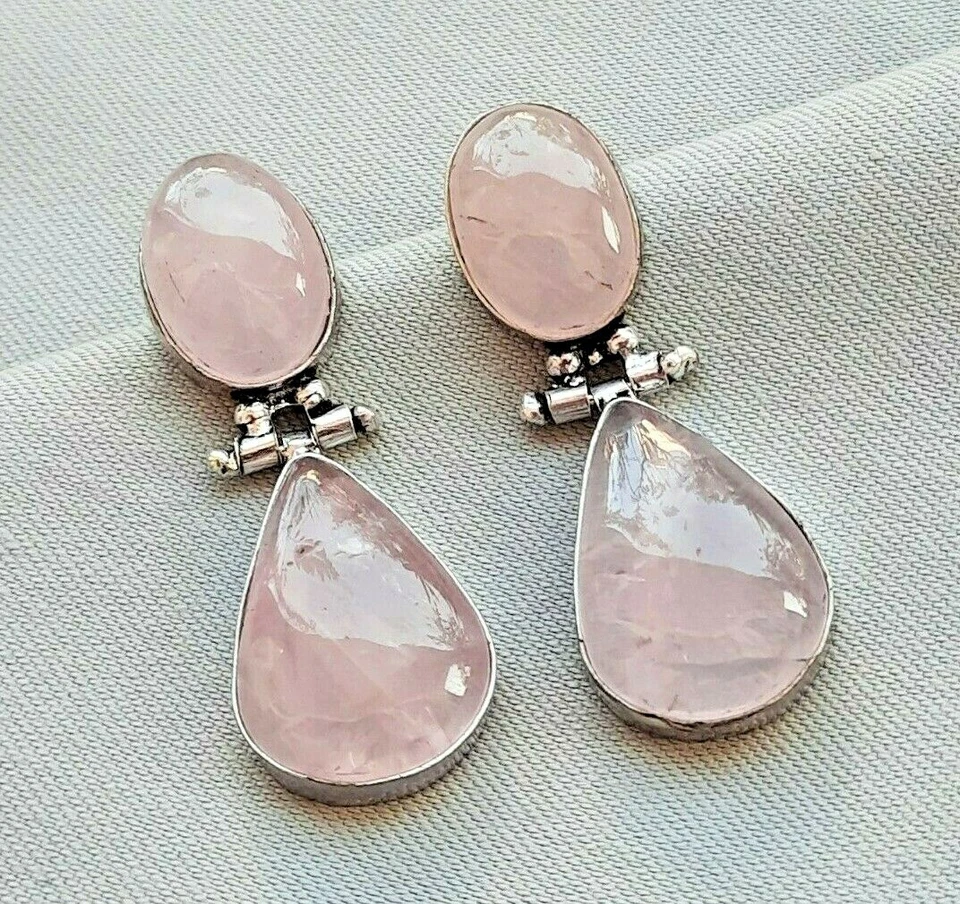 Pendientes de cuarzo rosa con piedras preciosas enchapados en plata hechos a mano al por mayor Foto 2 de 4